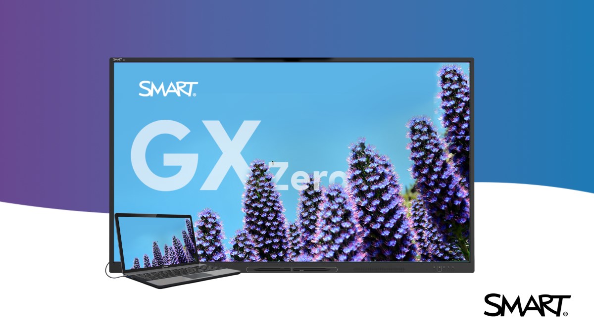 An image of the SMART Board GX Zero series, connective via cable to a laptop.