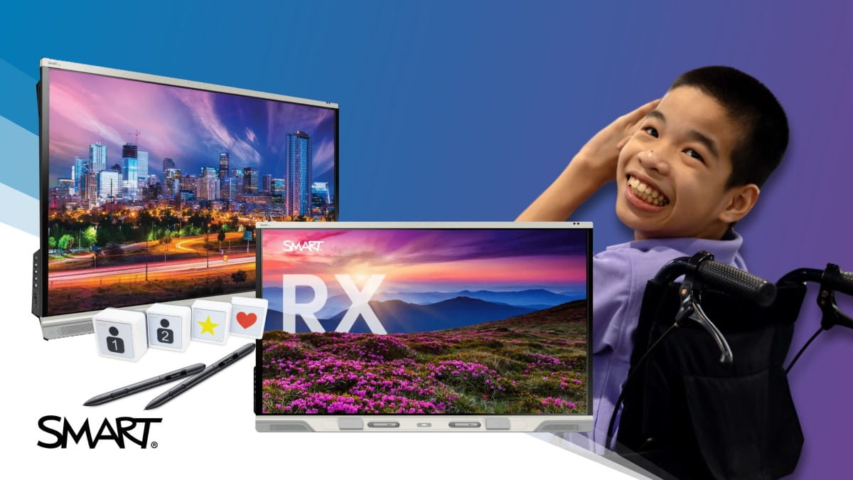 Two SMART Board RXs displayed over a purple and blue gradient, accompanied by stamps, two styluses and a smiling student in a wheelchair.
