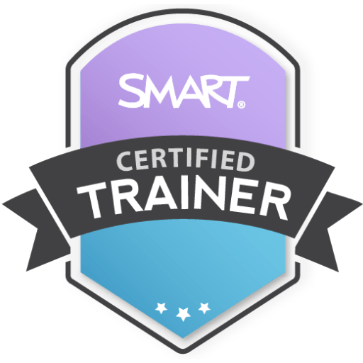 Badge for SMART Certified Trainer with a purple shield displaying the 'SMART' logo, overlaid by a black ribbon with 'CERTIFIED TRAINER' text, and a light blue section at the bottom with three stars.