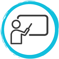 Bild eines Kreises mit einer Person, die auf einen Bildschirm zeigt.