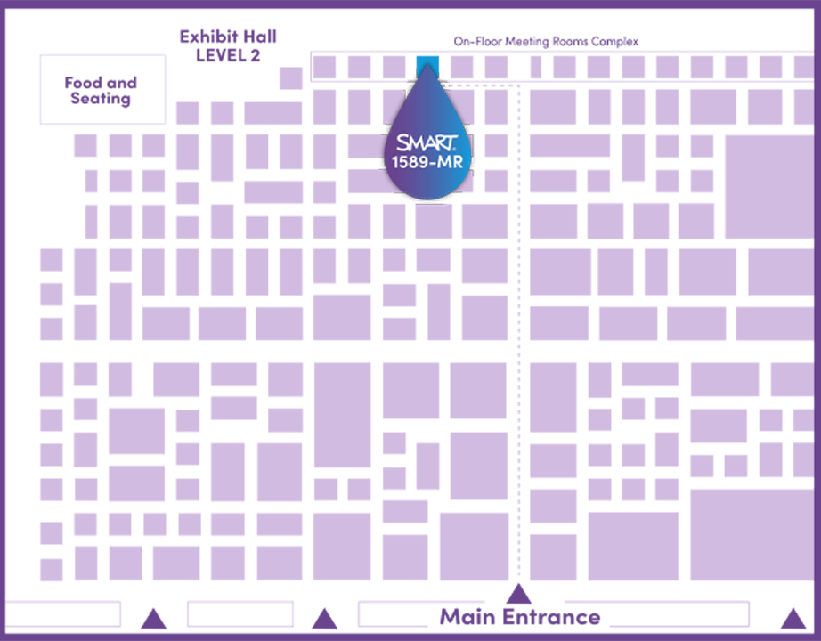 Floor map of InfoComm 2025 Exhibit Hall Level 2 showing SMART Technologies at booth 1589-MR near the On-Floor Meeting Room Complex.