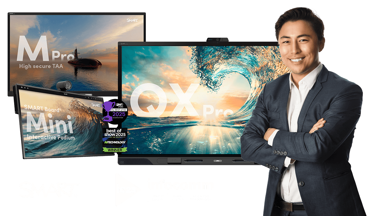 Man standing beside SMART interactive displays featured at InfoComm 2025, including award-winning SMART QX Pro, SMART Board Mini, and M Pro High Secure TAA.
