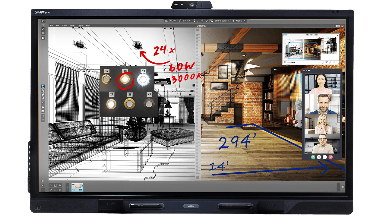 A SMART Board showcasing design blueprints and video conferencing in a professional environment.