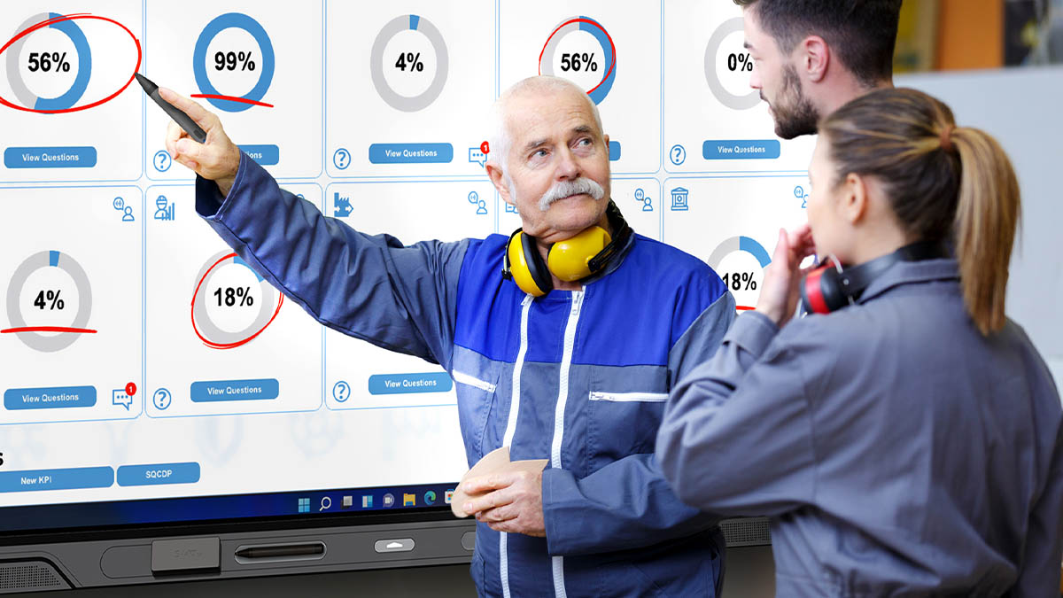 Industrial team leader pointing out production statistics on a SMART interactive display.