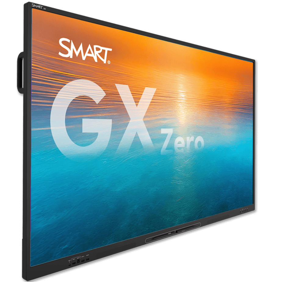 The SMART Board GX Zero series display, paired with a laptop, both showcasing a radiant sunset wallpaper.