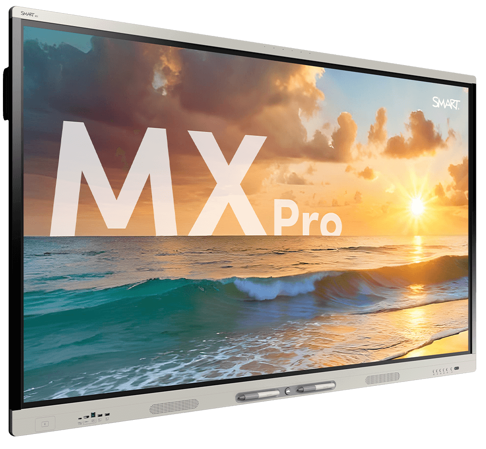 The SMART Board MX Pro V5 display, showing a serene beach sunset scene angled to the left.
