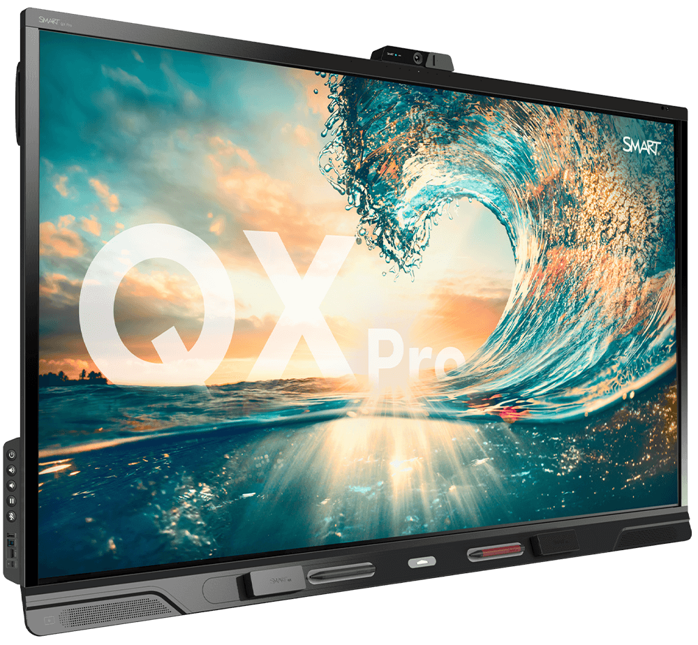 	Side angle view of the QX Pro interactive display with slim profile design, emphasizing its sleek build and modern look.