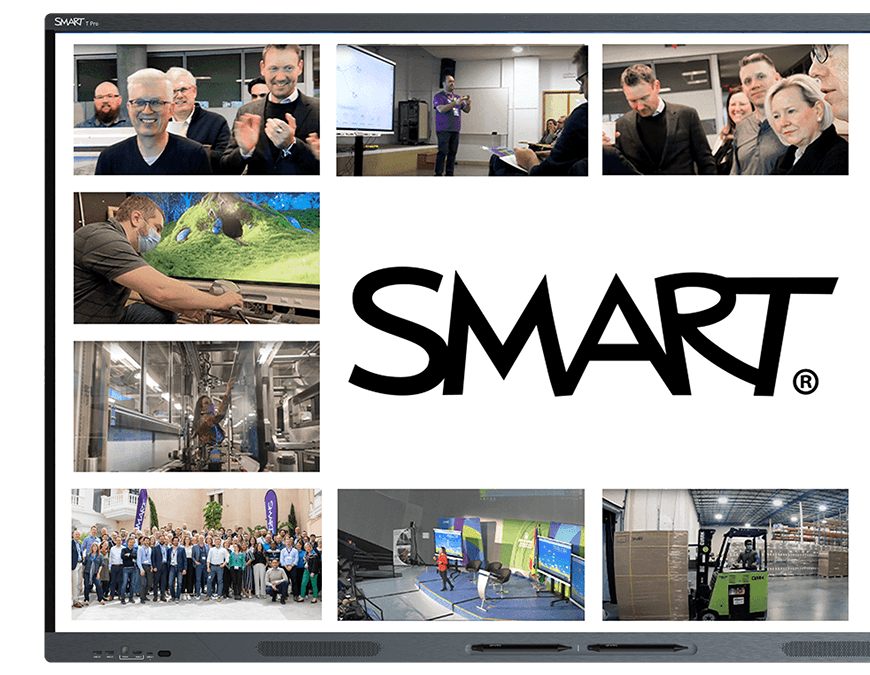 SMART Board T Pro series interactive display showing a collage of photos