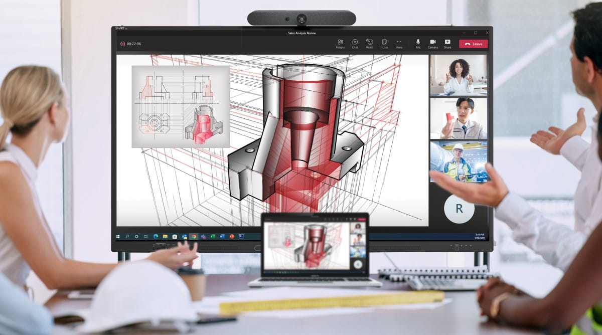 Microsoft Teams meeting with the Logitech Rally Bar Mini camera mounted on a SMART GX series.