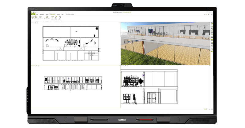 Interactive SMART display showing detailed architectural plans and a 3D interior design model using pCon planner software.