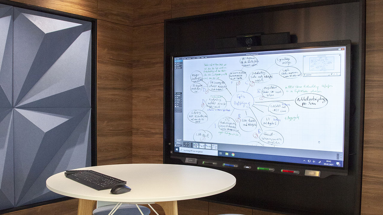 Modern meeting room with a SMART Board display showing a mind map, symbolizing collaborative planning.