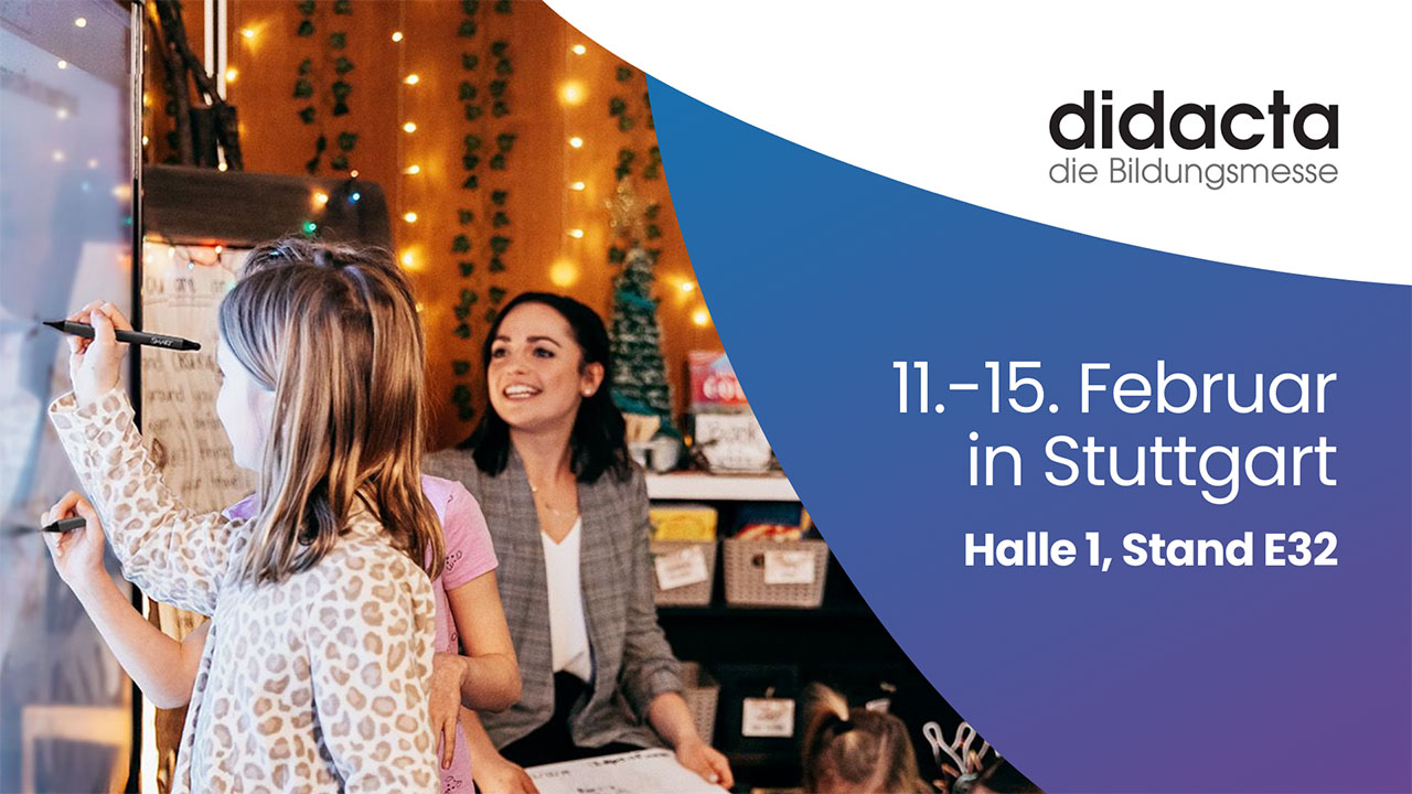 Didacta 2025 event banner with gradient background featuring event details and an image of a teacher and student using a SMART Board.