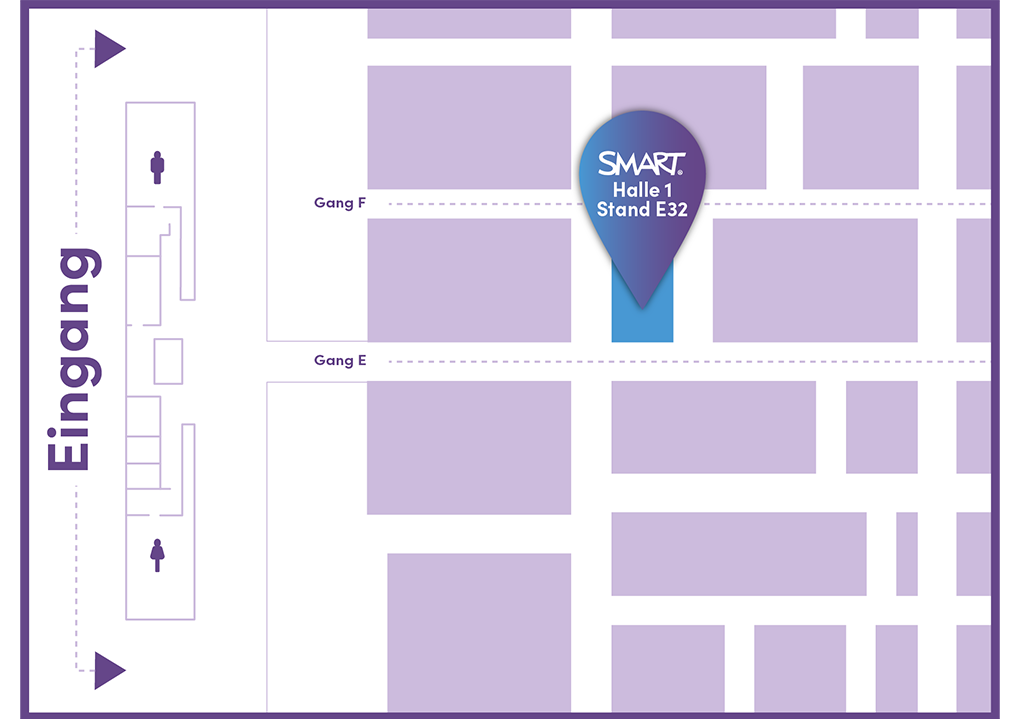 Floor plan of Didacta 2025 with SMART's booth marked in Hall 1, Stand E32.