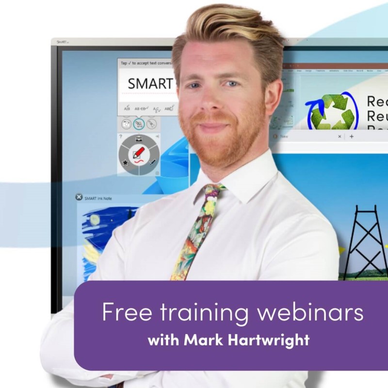 Mark Hartwright beside a SMART board promoting free webinars.
