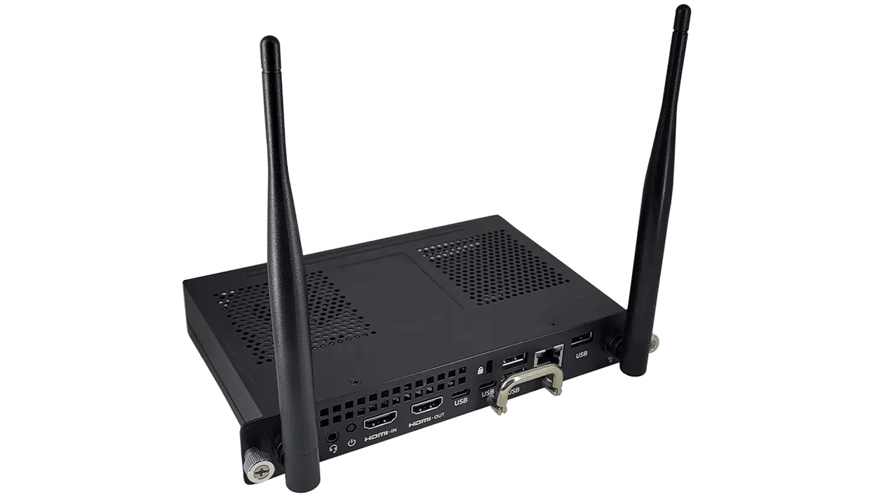Angled view of the SMART PCM11-i7 module showing HDMI and USB ports with antennas.