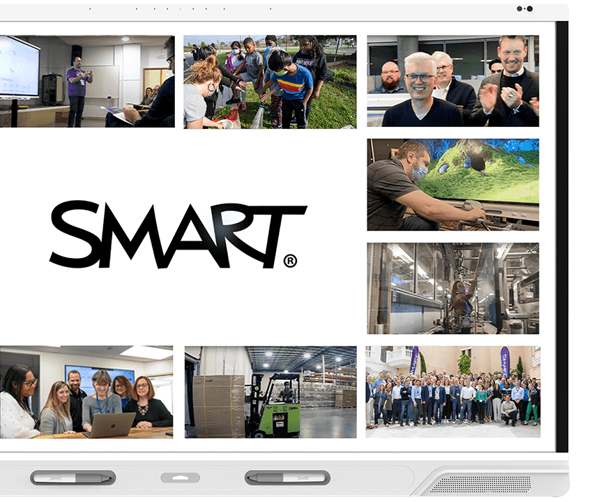 Various images of SMART Technologies team members, manufacturing facilities, and outreach events shown on an MX Plus interactive display.