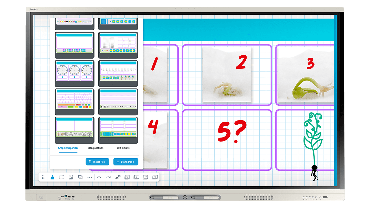 A SMART Board showcases an organized display of teaching resources, including graphic organizers and digital manipulatives, facilitating an interactive educational environment.
