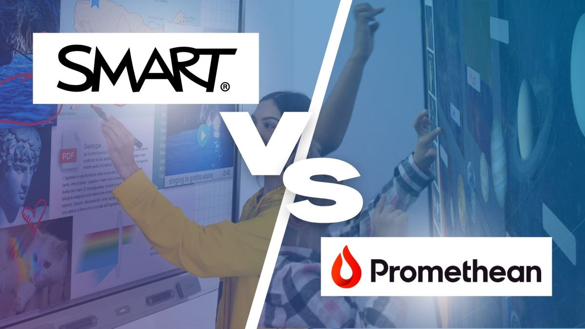 “SMART VS Promethean” appears on top of two images of teachers and students using interactive displays in a classroom.