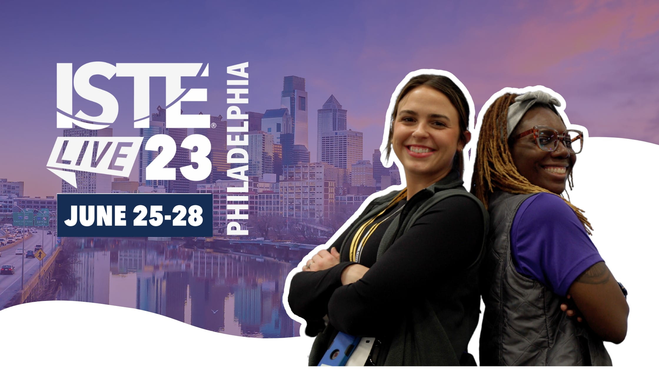 Two SMART employees, back to back with crossed arms. The background shows the Philadelphia skyline with an opaque purple overlay. The ISTE 2023 logo is overlaid on the left.