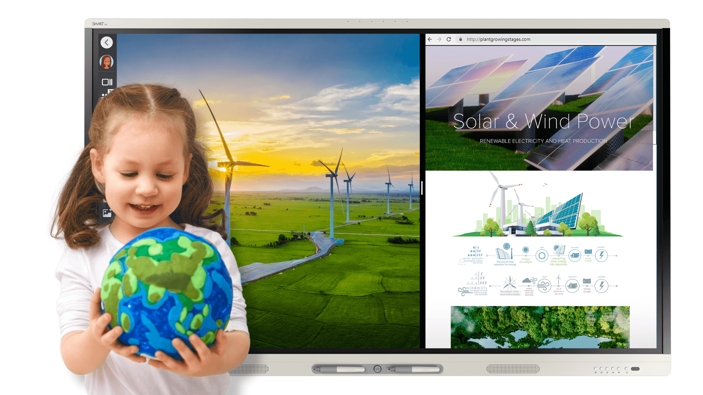 A student holds a globe while standing in front of a SMART interactive display. The display shows information on the topic of solar and wind power.