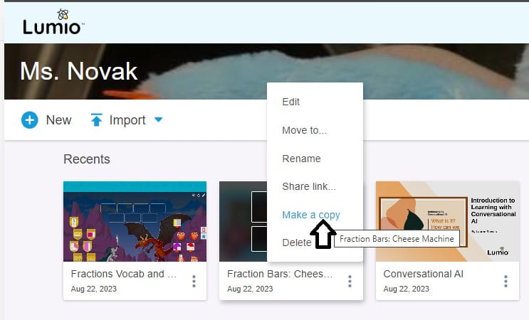 A screenshot of Lumio's user interface showing organized lesson folders by subject and classroom.