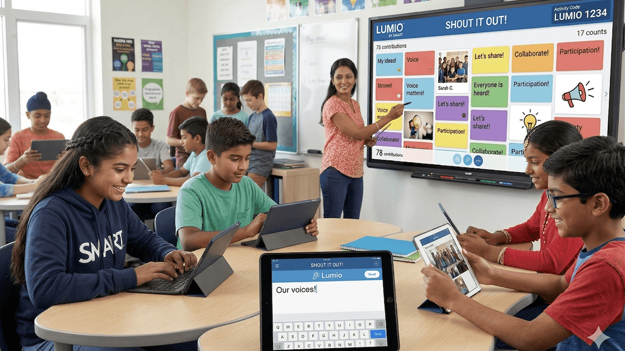 Teacher using SMART Board in a classroom with students on devices using Lumio's "Shout it Out"