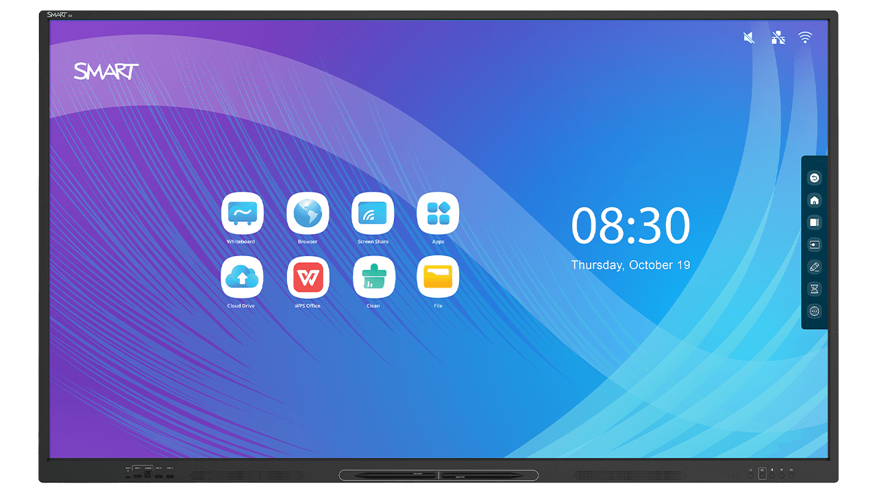 Front view of a GX V3 display with the factory default homescreen and App icons on it, like Whiteboard, Browser, screen share and more.