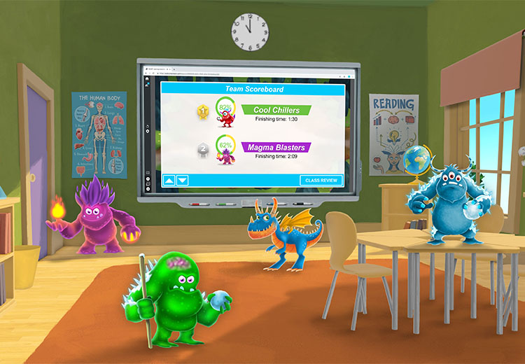 Colorful monster characters in a vibrant classroom with a SMART Board displaying a team scoreboard.