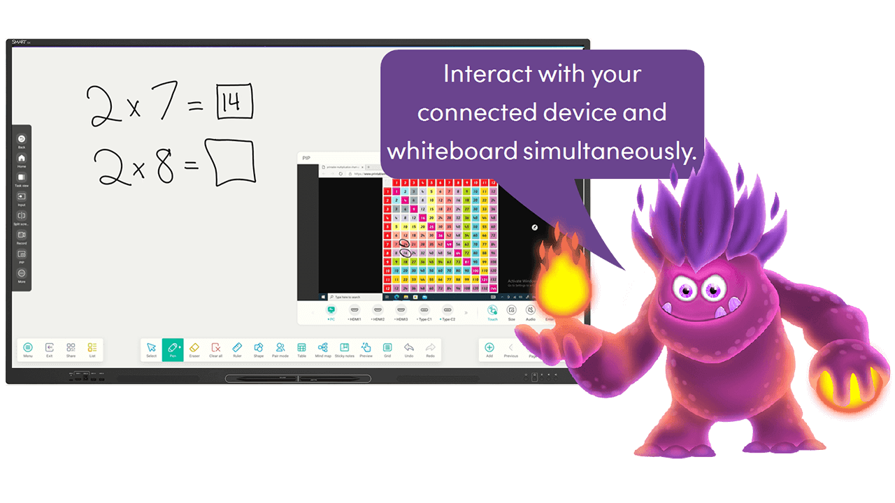 SMART Board displaying a math lesson with picture-in-picture mode and an animated purple character holding fire.