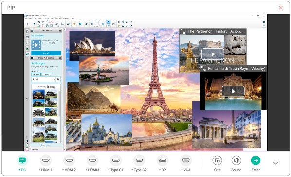 SMART Board interface showcasing a Picture-in-Picture (PiP) feature with multiple images of landmarks.