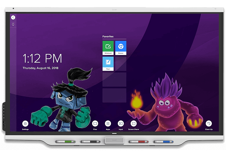 SMART Board home screen with educational monster characters and interactive app icons.