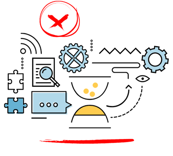 Diagram highlighting a lack of product longevity, with symbols for gears and broken components.