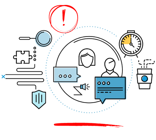 A circular diagram illustrating wasted time in communication with symbols for messages, alerts, and barriers.