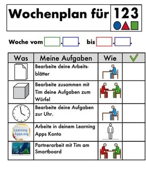 Weekly activity planner in German with tasks involving worksheets, a dice game, time exercises, and a SMART Board collaboration.