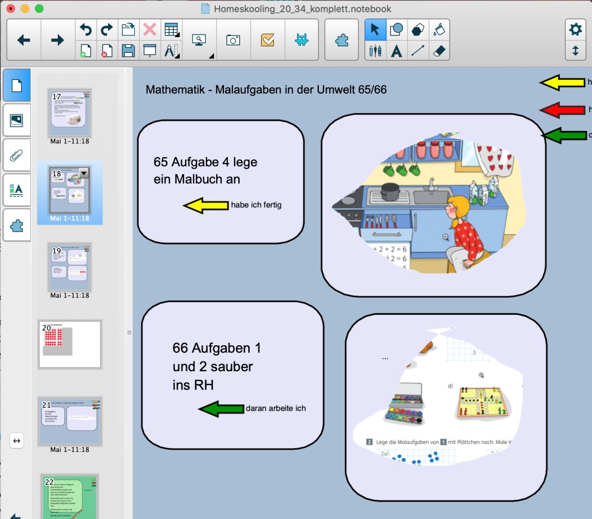 Screenshot of a SMART Notebook software page showing math activities with colorful illustrations and instructions in German.