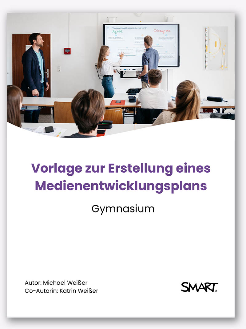 Students and teacher engaged with a SMART board during class.