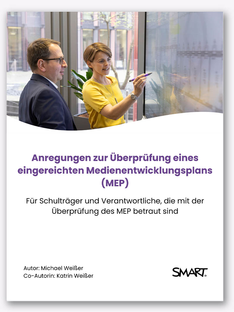 Educational professionals evaluating school media strategies on a SMART board.