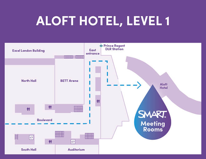 Bett 2026 map showcasing the meeting rooms that SMART will be at Aloft