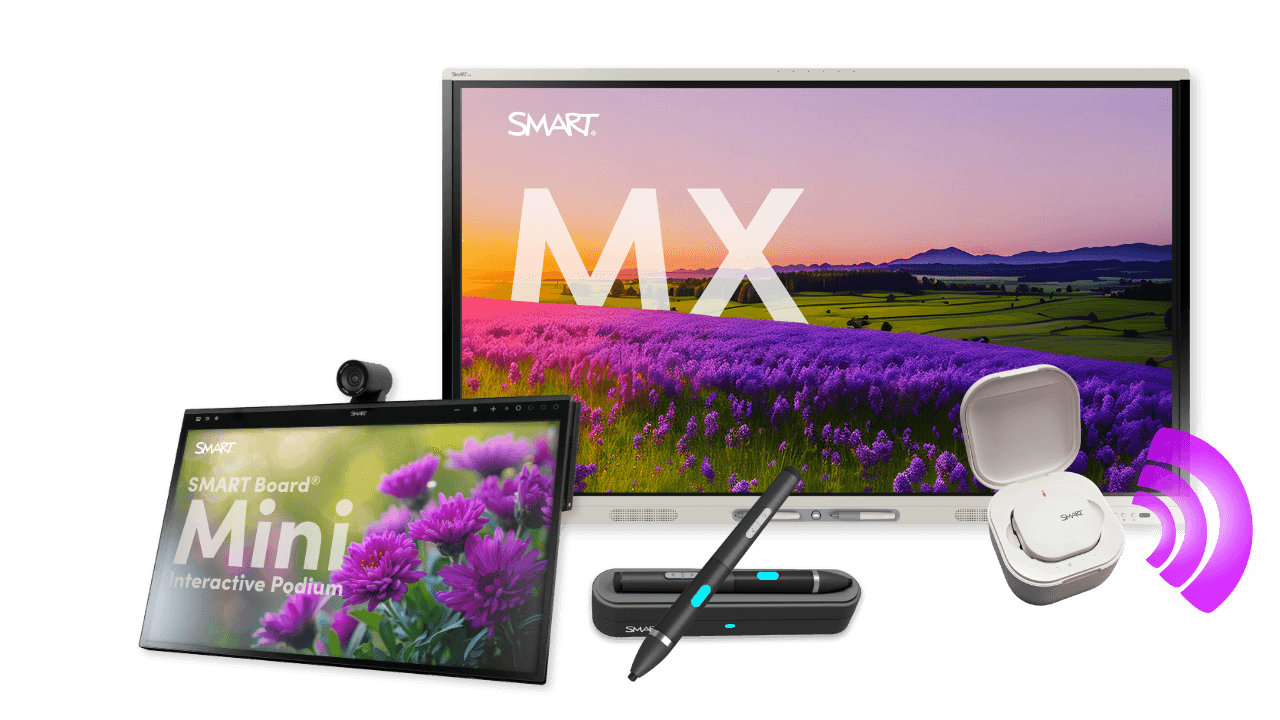 ISTE collage of products including SMART Board MX series, SMART Board Mini, SMART SoundLift, and SMART MultiStylus