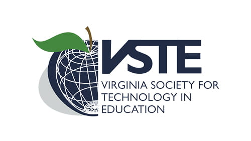 VSTE logo, representing the Virginia Society for Technology in Education, with a globe and apple design.