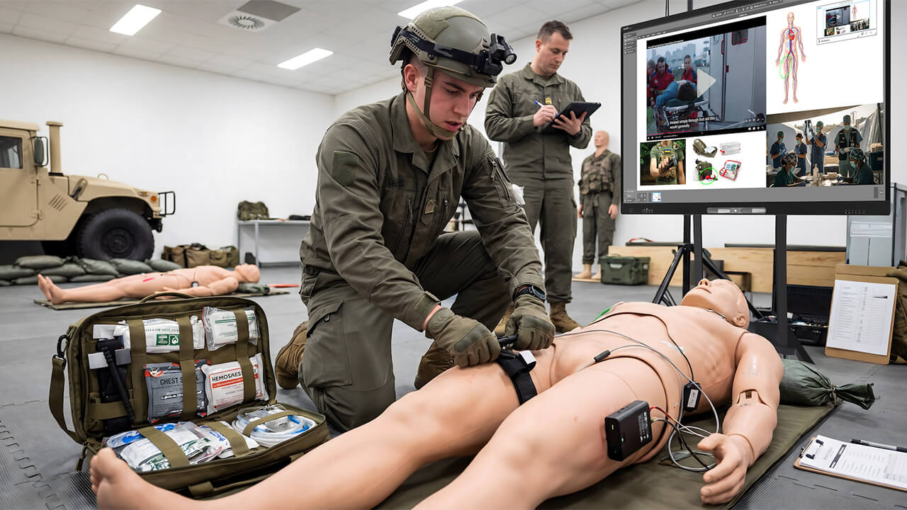 Medical training simulation using SMART Meeting Pro and an interactive display to support emergency response instruction.