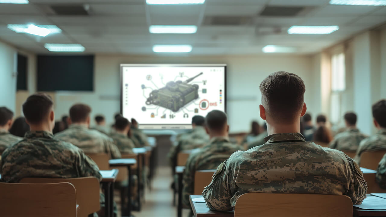 Government training classroom using an interactive display to present instructional content and technical diagrams.