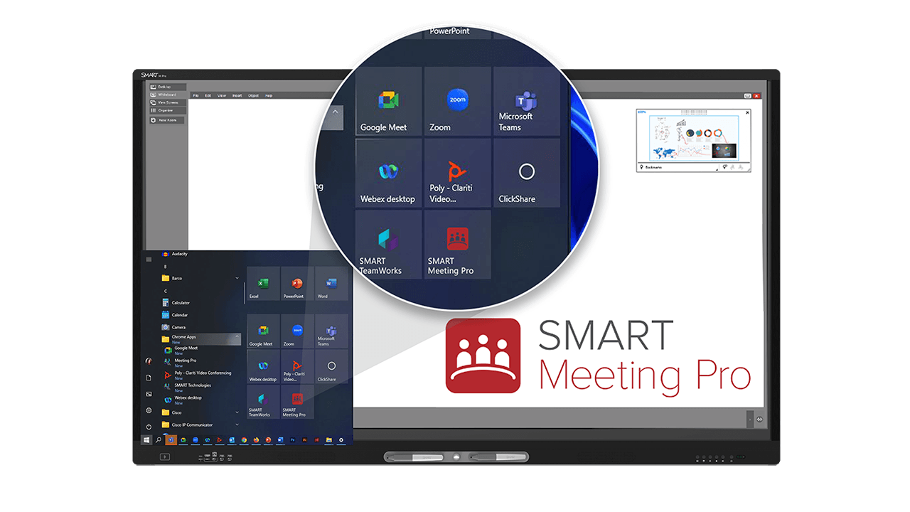 SMART Meeting Pro interface showing integrated access to Microsoft Teams, Zoom, Webex and other conferencing applications.
