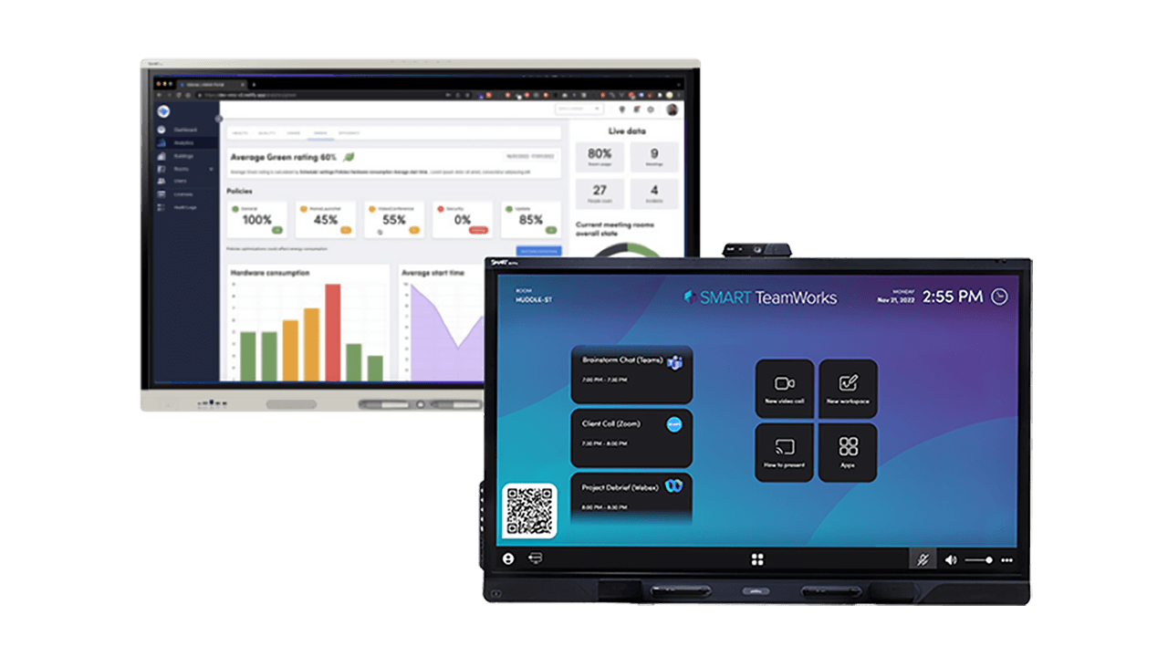 SMART TeamWorks room management dashboard displayed alongside an interactive display showing workspace scheduling, meeting access and collaboration tools.