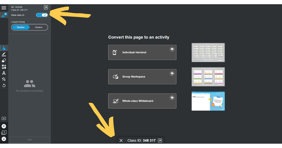 Digital classroom interface showing the class ID input field for connecting to a session.