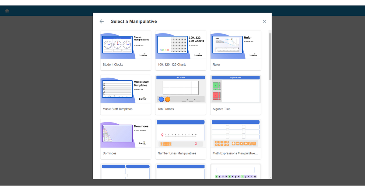 Digital interface with a variety of educational manipulatives for classroom interaction.