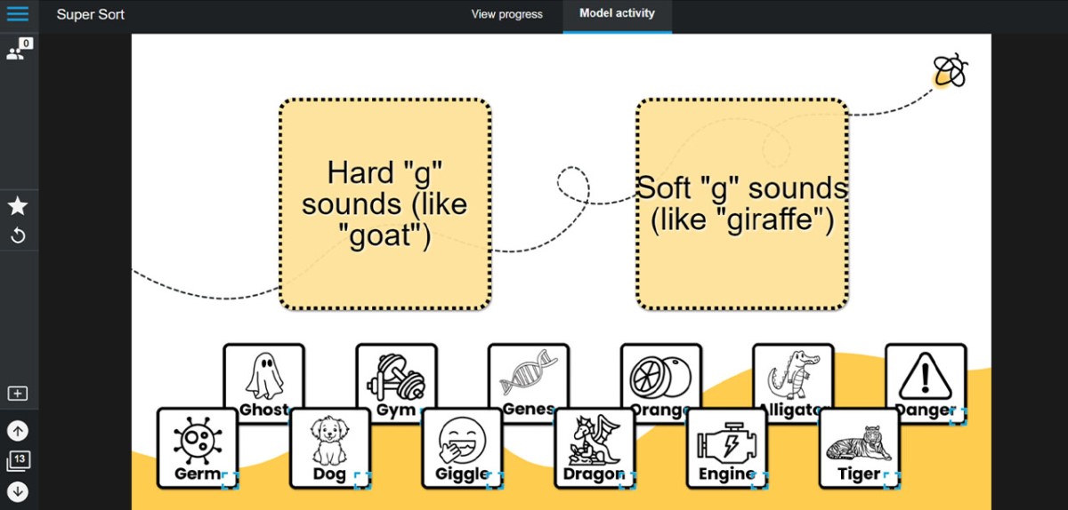 Lumio activity titled 'Super Sort' where students sort words with hard and soft 'G' sounds, such as 'ghost' for hard 'G' and 'giraffe' for soft 'G'.