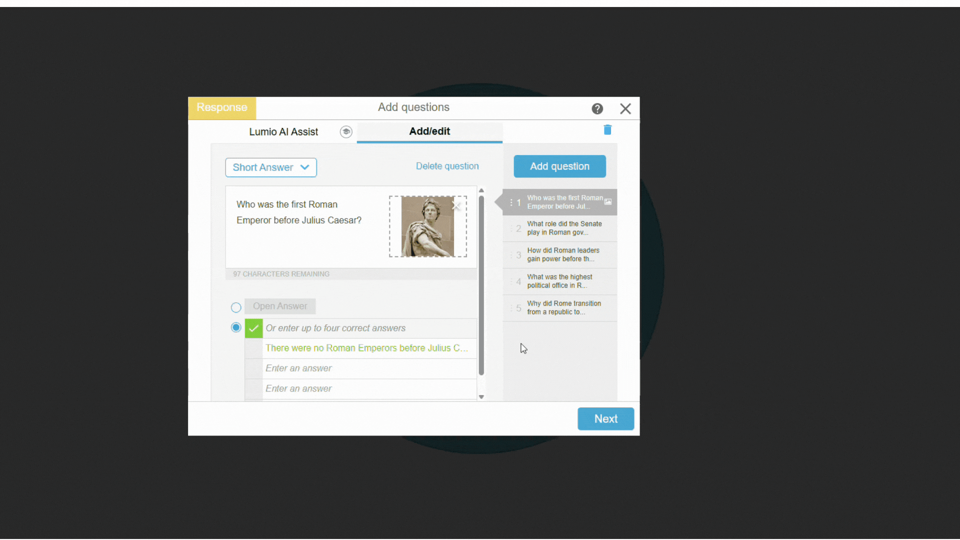 Screen capture of a teacher using Lumio’s AI Assist to generate and edit asynchronous quiz questions for a digital classroom activity.