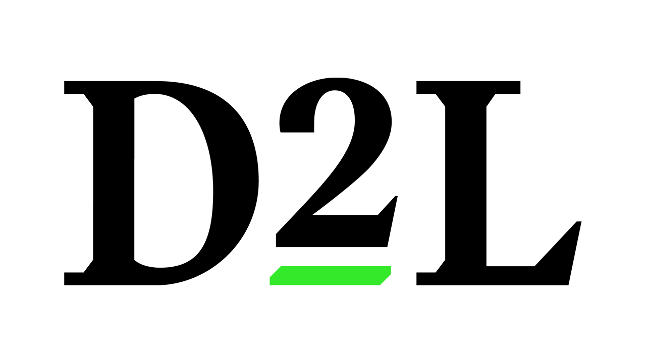Logo of D2L, featuring bold black text with a green underline accent.