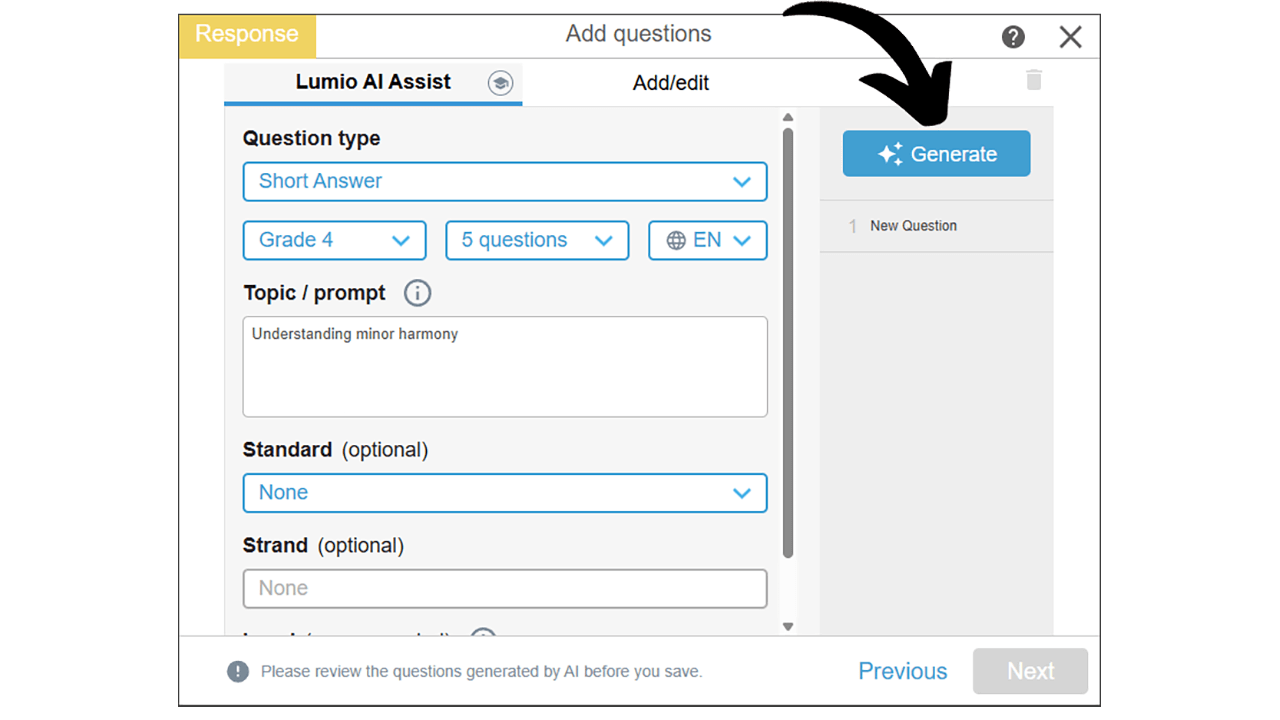 Lumio visual showing the generate  button for Lumio AI Assist